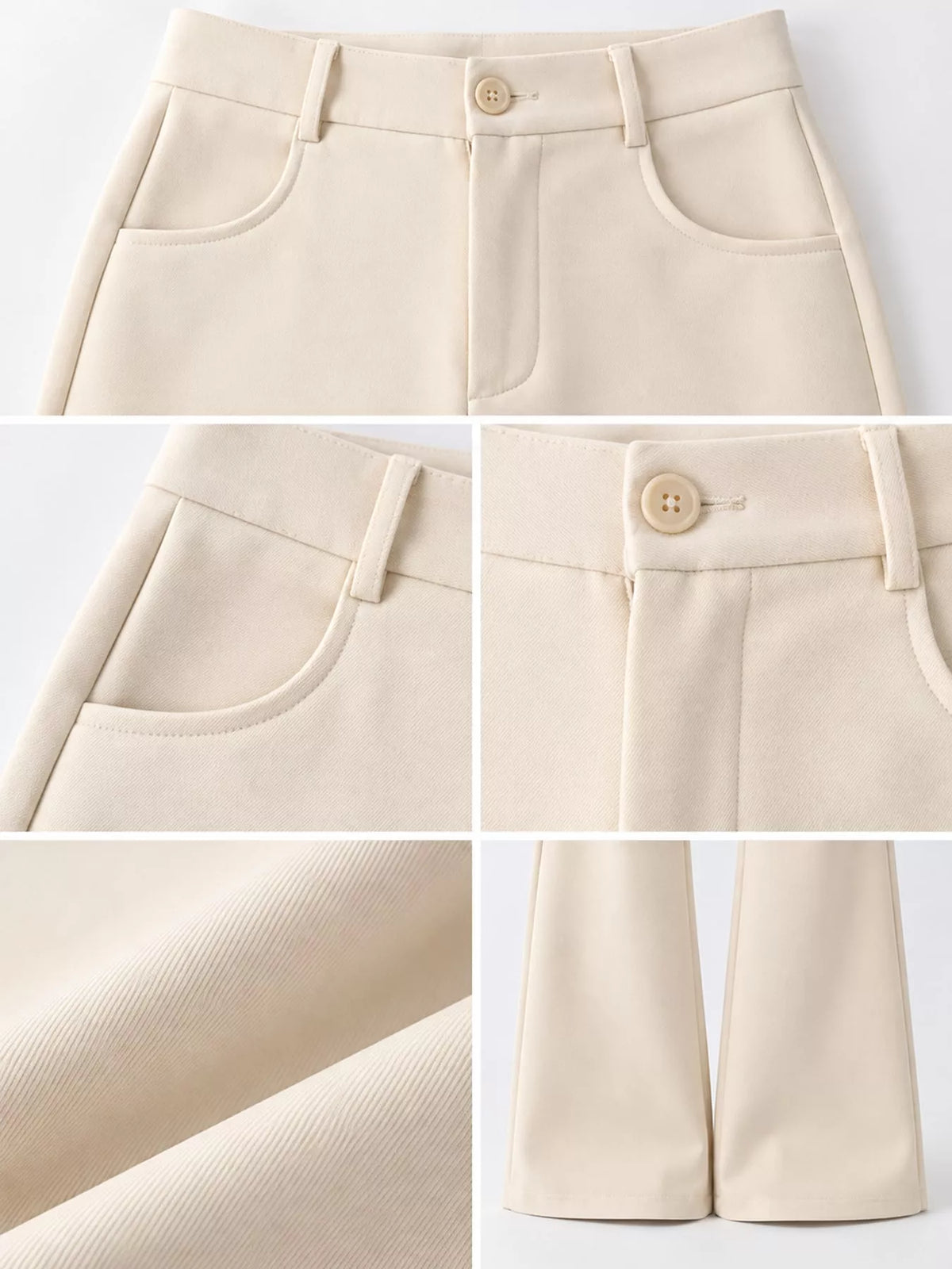 A five-panel close-up collage of a pair of light cream or off-white tailored pants, showing the front waistband with a button closure, side pocket detail, fabric texture, and the full lower leg view.