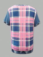 Plaid shirt with pink and blue pattern on a gray background