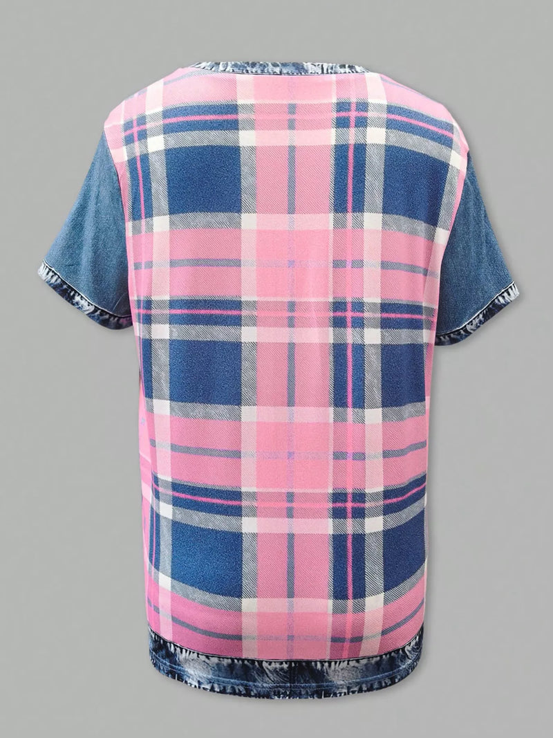 Plaid shirt with pink and blue pattern on a gray background