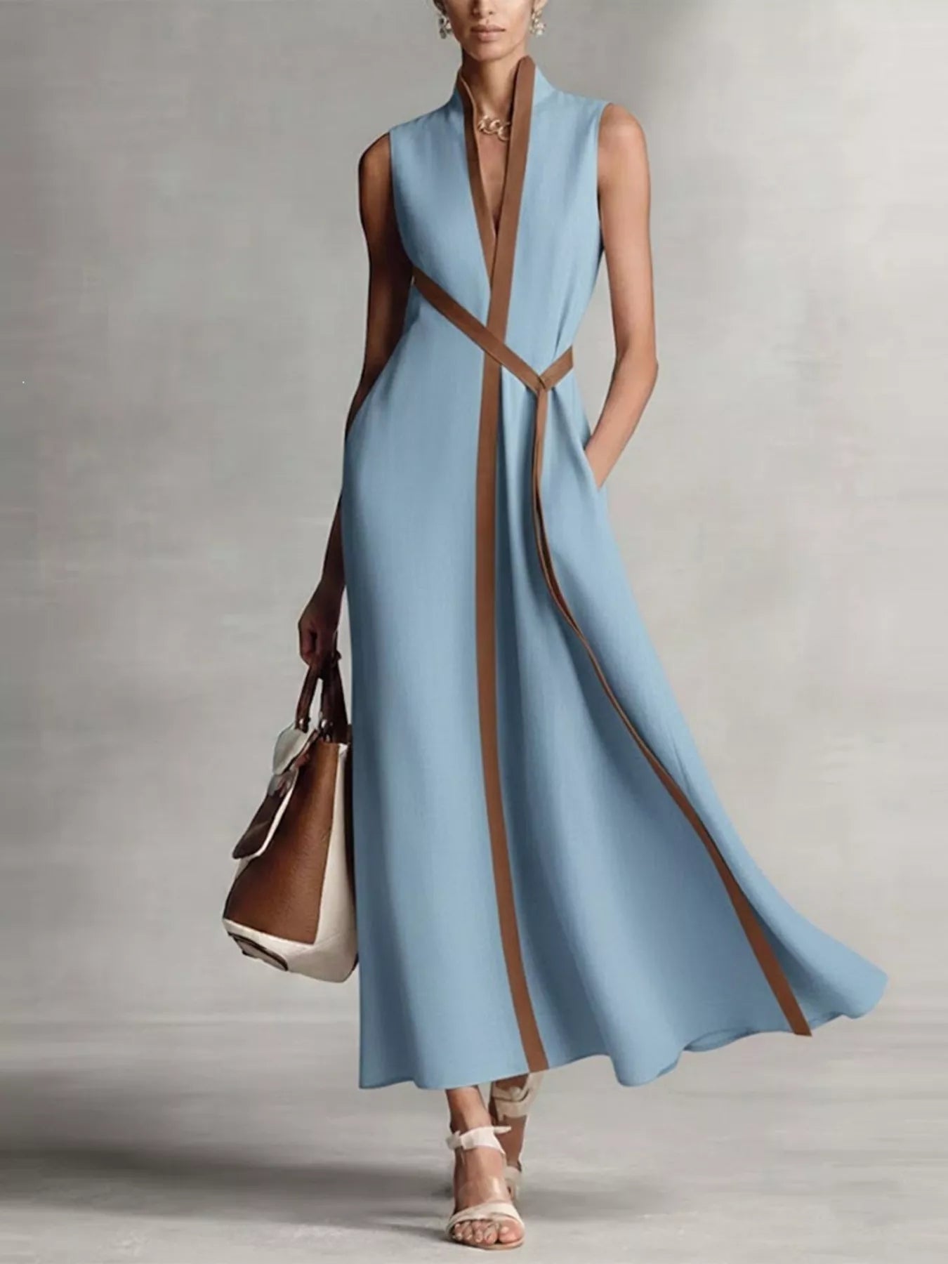 Woman wearing a long light blue dress with brown accents against a gray background