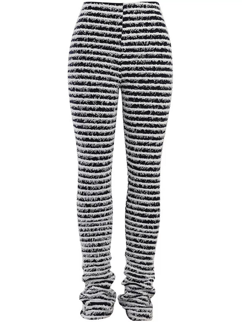 Black and white textured striped knit pants with cuffed ankles, shown on a plain white background.