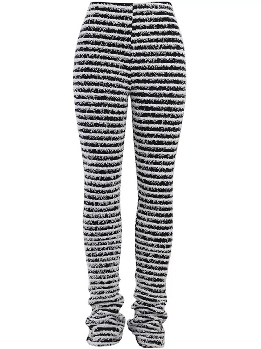 Black and white textured striped knit pants with cuffed ankles, shown on a plain white background.