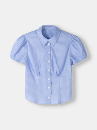 Blue striped shirt with puff sleeves on a light gray background
