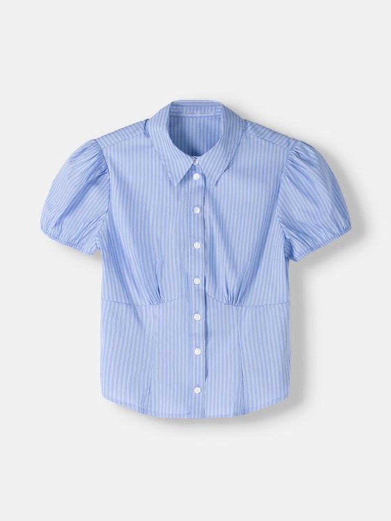 Blue striped shirt with puff sleeves on a light gray background