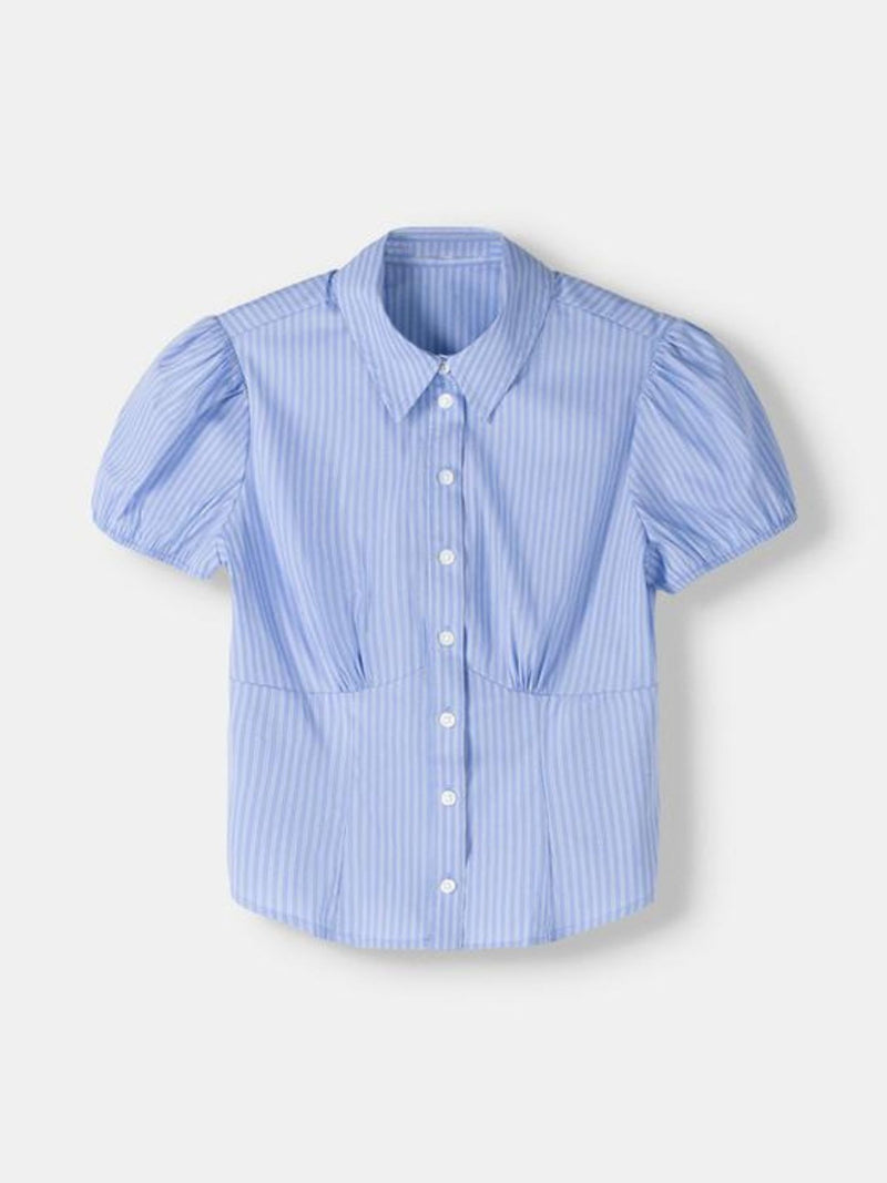 Blue striped shirt with puff sleeves on a light gray background