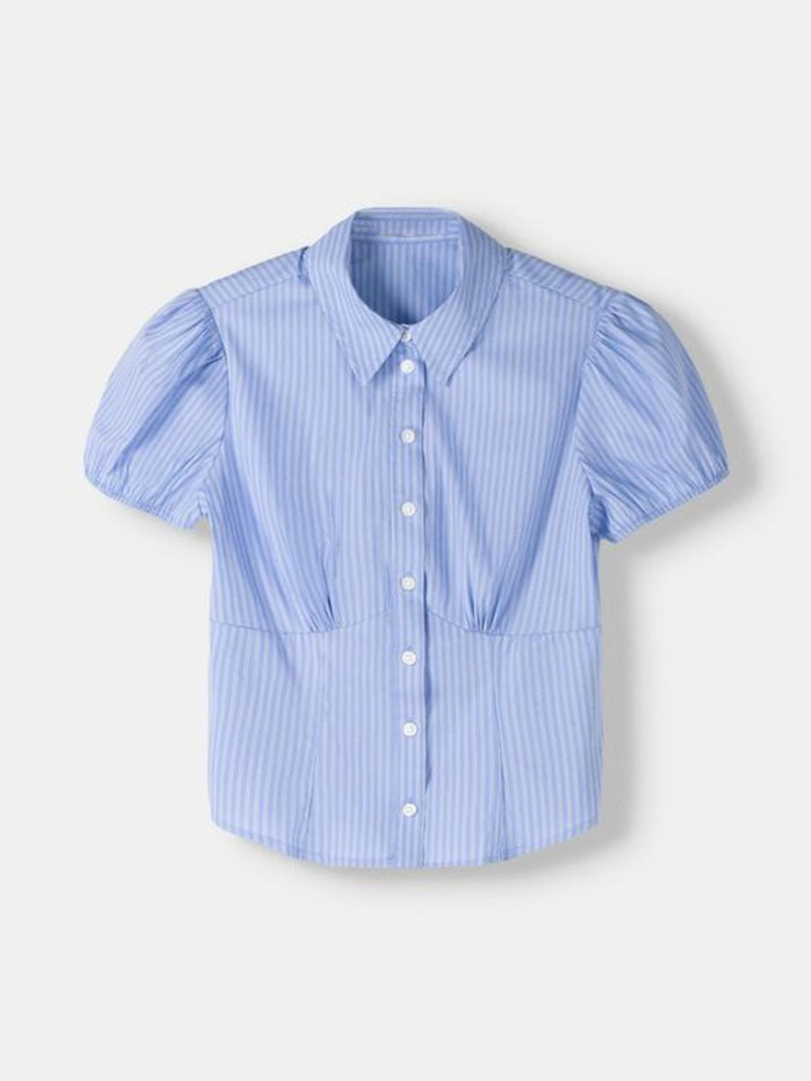 Blue striped shirt with puff sleeves on a light gray background