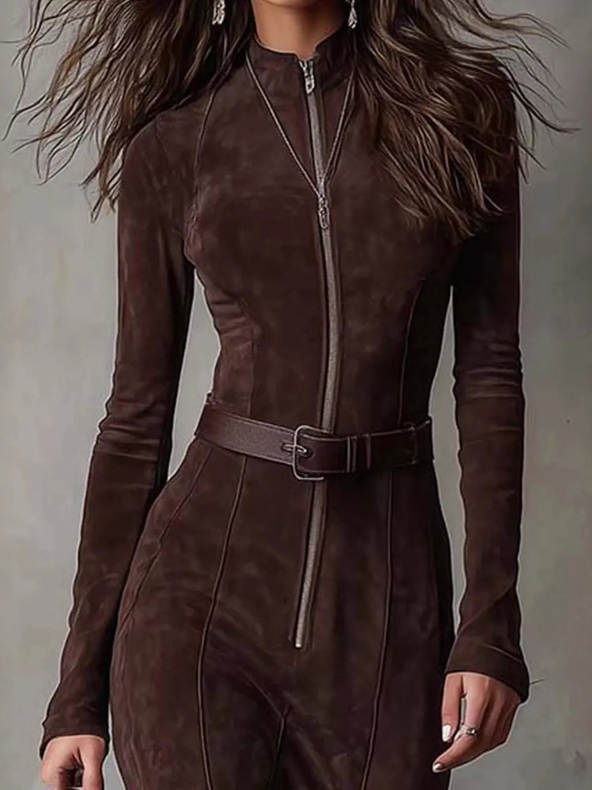 Brown suede jumpsuit worn by a person against a neutral background