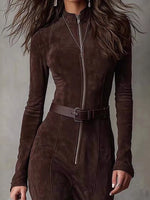 Brown suede jumpsuit worn by a person against a neutral background