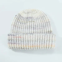 Knitted beanie with multicolor pattern on a light gray background