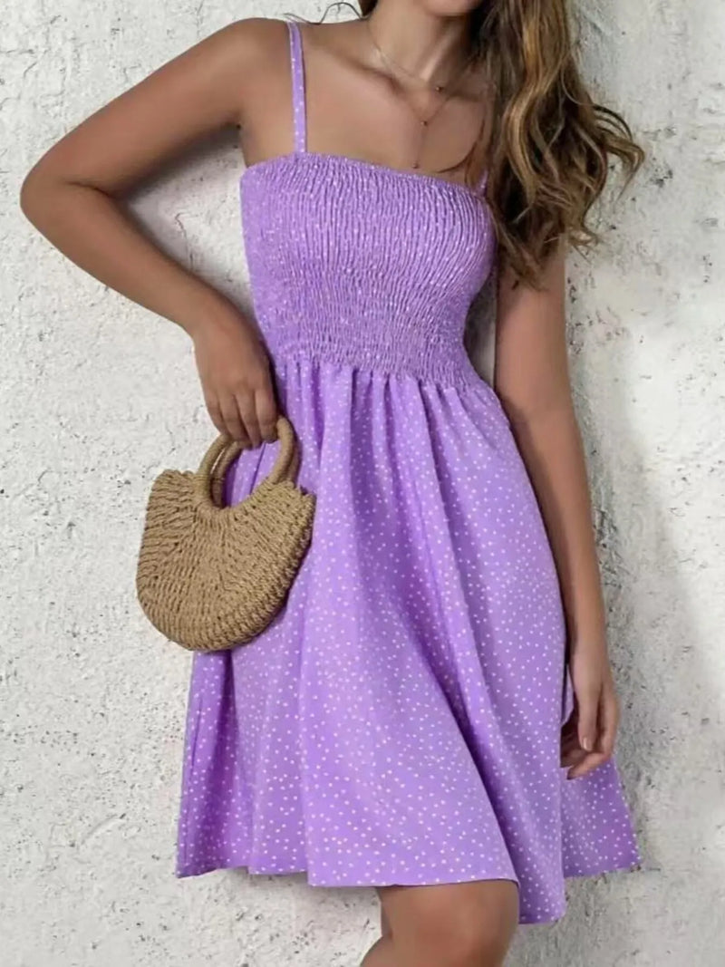 Full view of purple Full Size Smocked Square Neck Cami Dress Plus Size