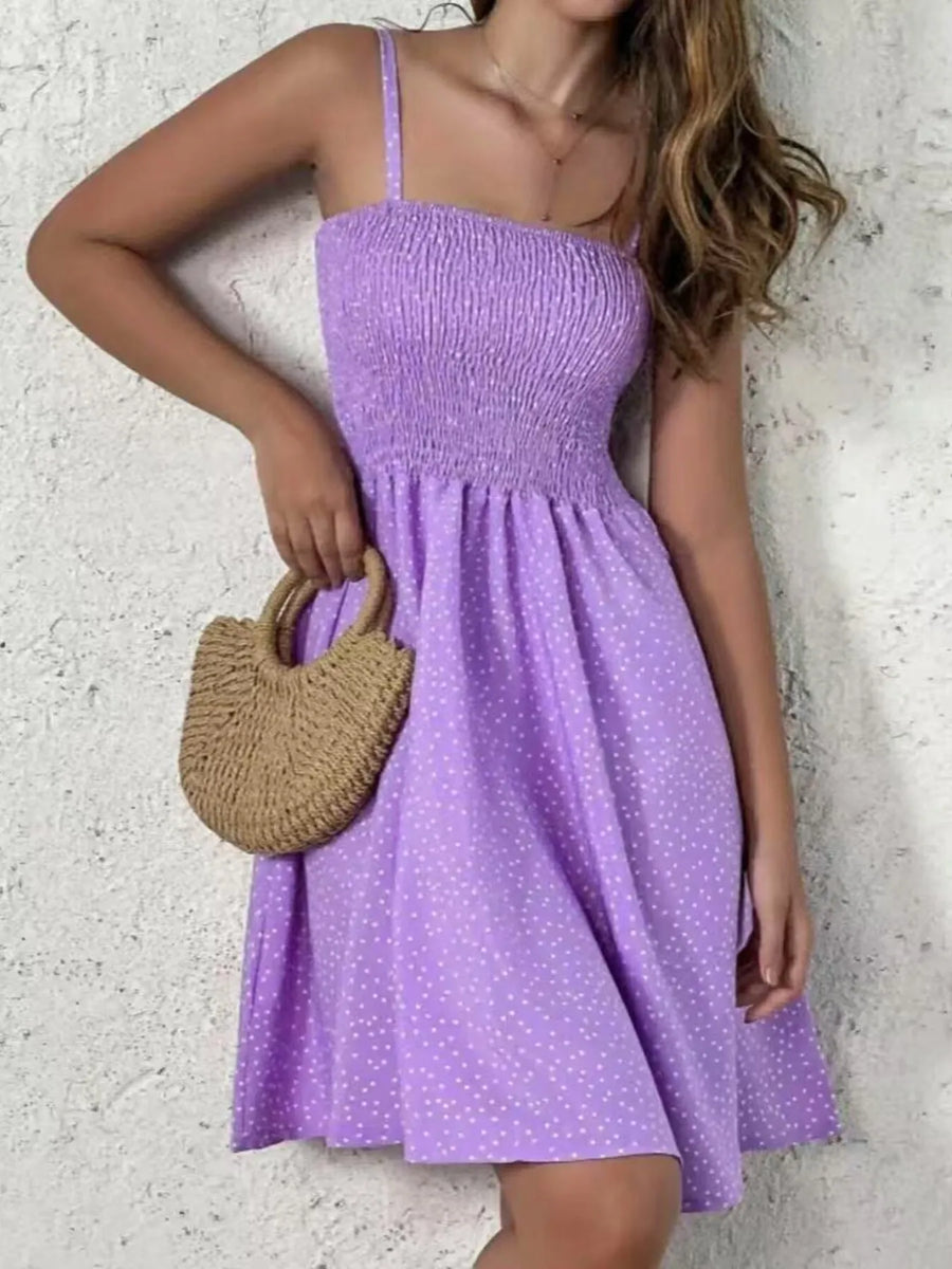 Full view of purple Full Size Smocked Square Neck Cami Dress Plus Size