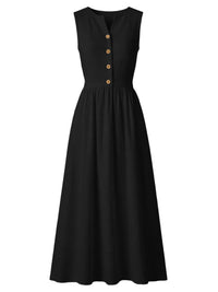 Black sleeveless dress with button details on a white background
