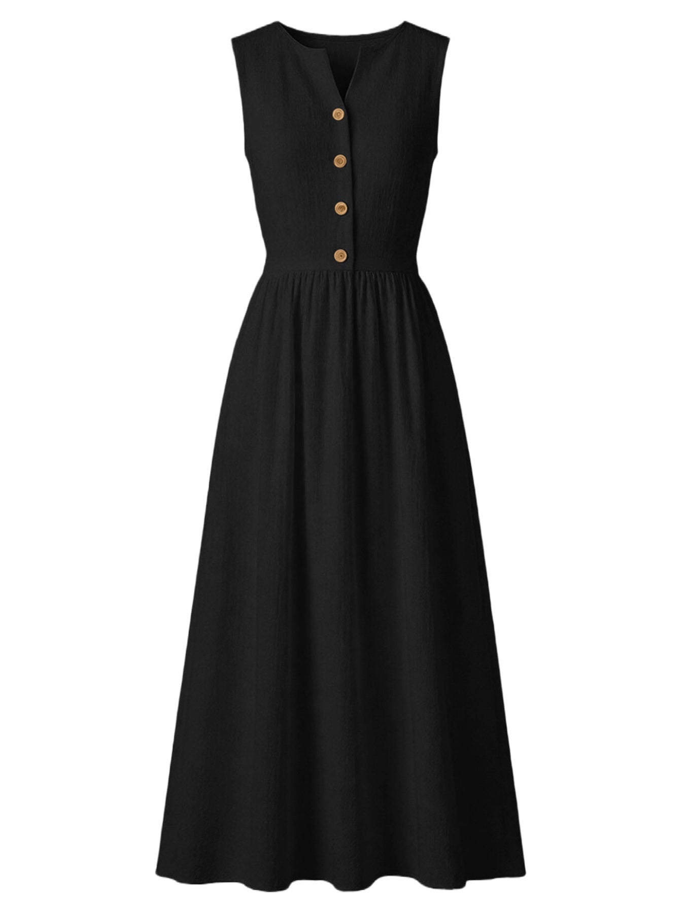 Black sleeveless dress with button details on a white background