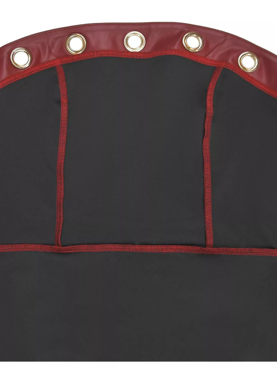 Black seat cover with red trim and gold eyelets on a white background
