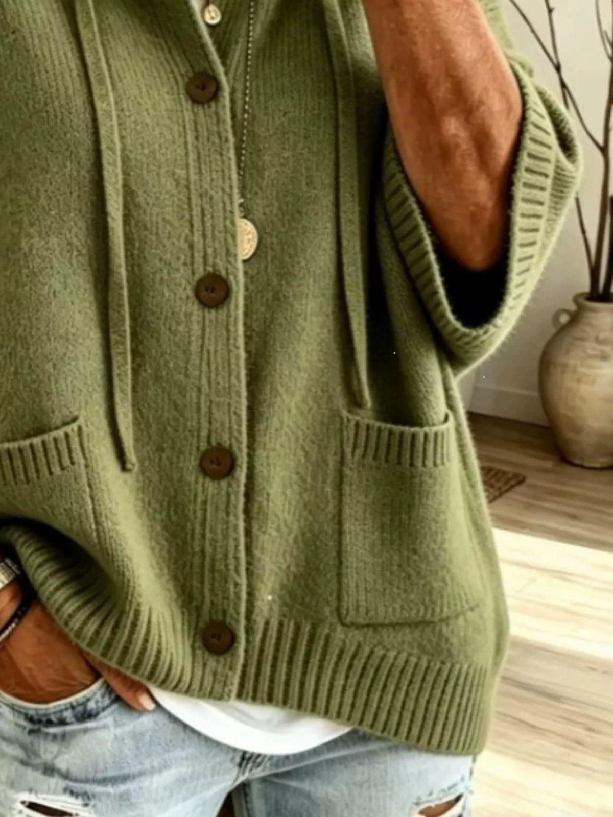 A closeup view of Hooded Button-Down Knit Cardigan