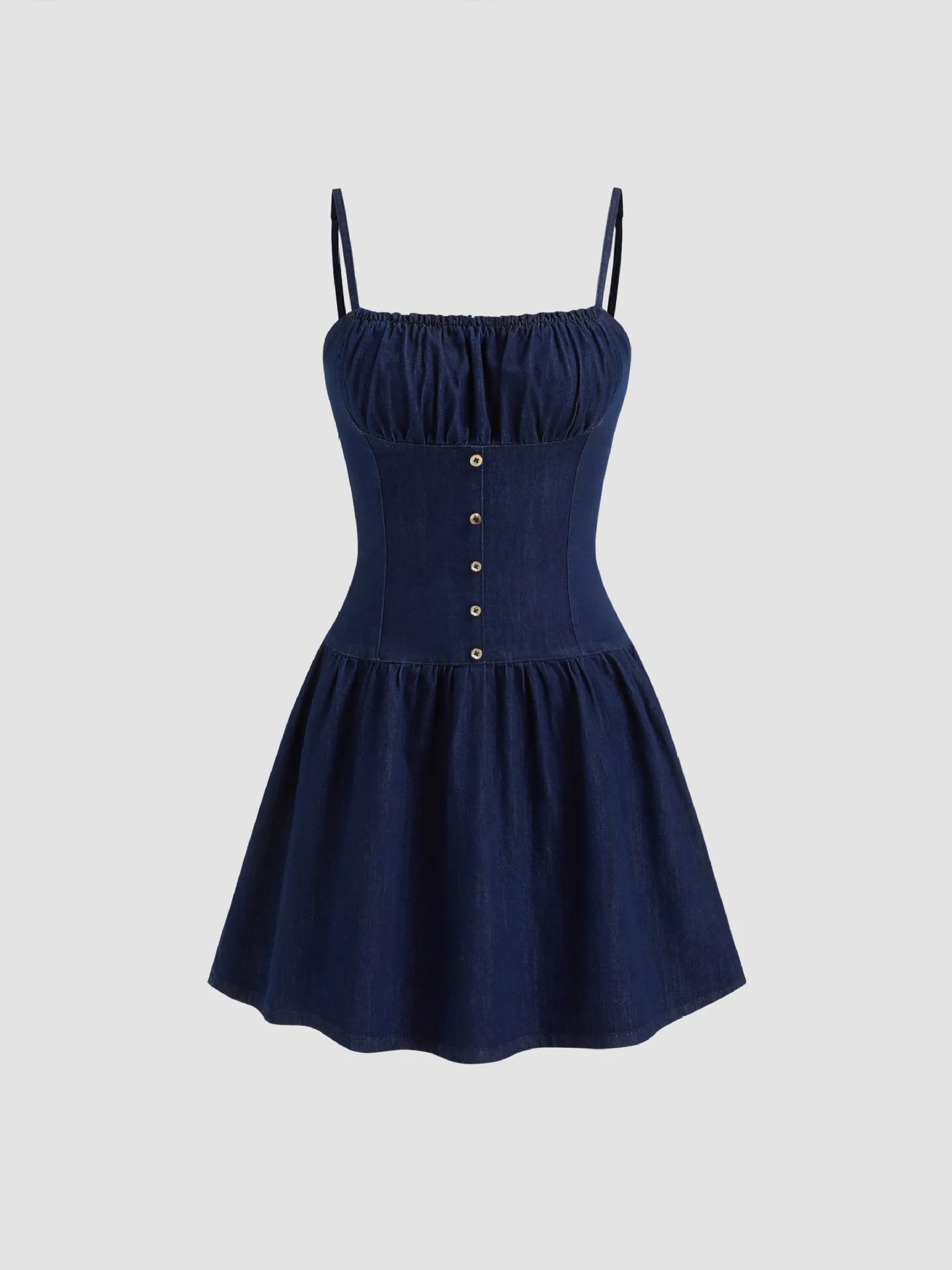 Navy blue dress with thin straps on a light gray background