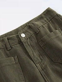 Close-up of olive green pants with a button on a white background