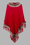 Faux Fur Trim Fringed Poncho For Women