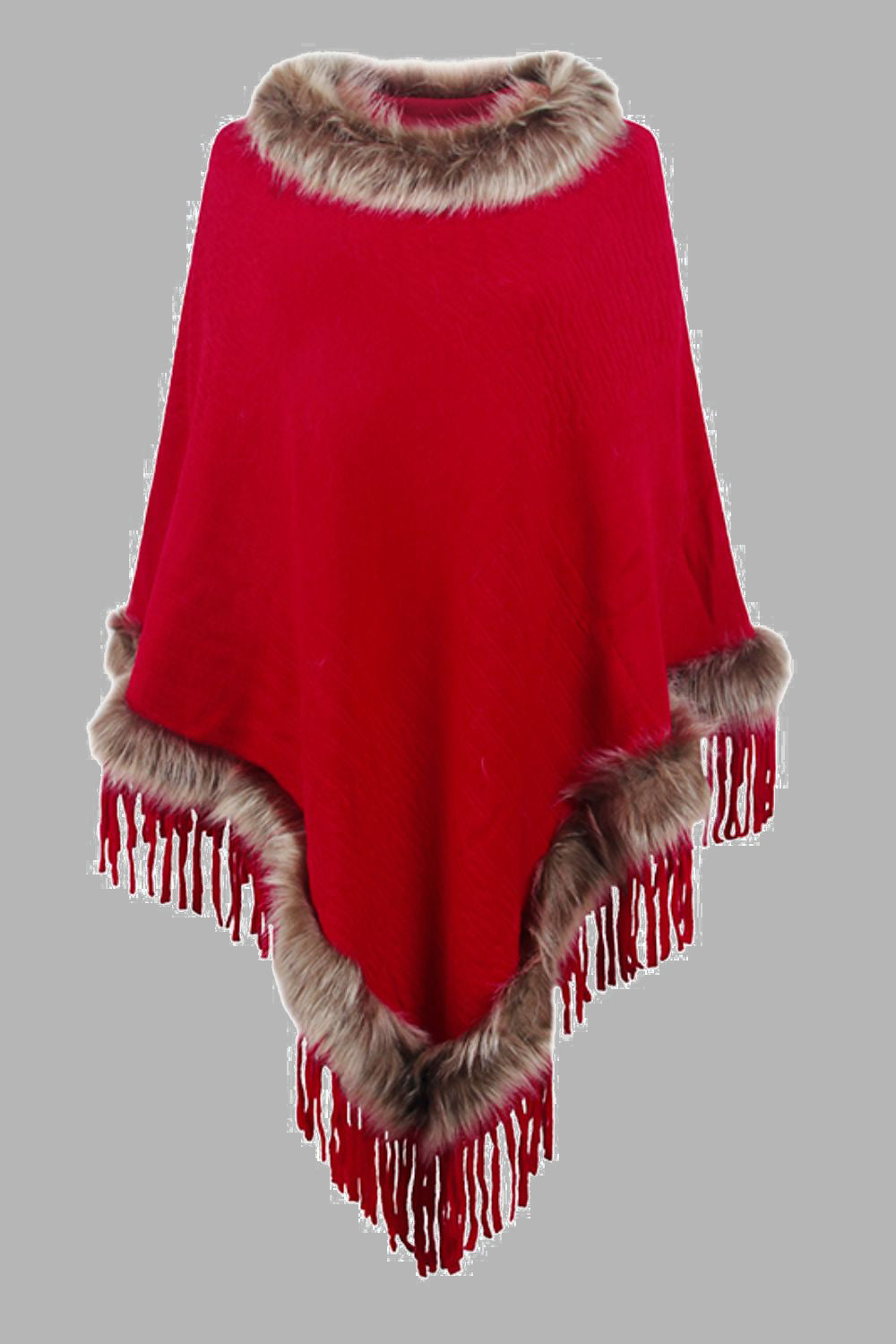 Red poncho with fur trim on a gray background