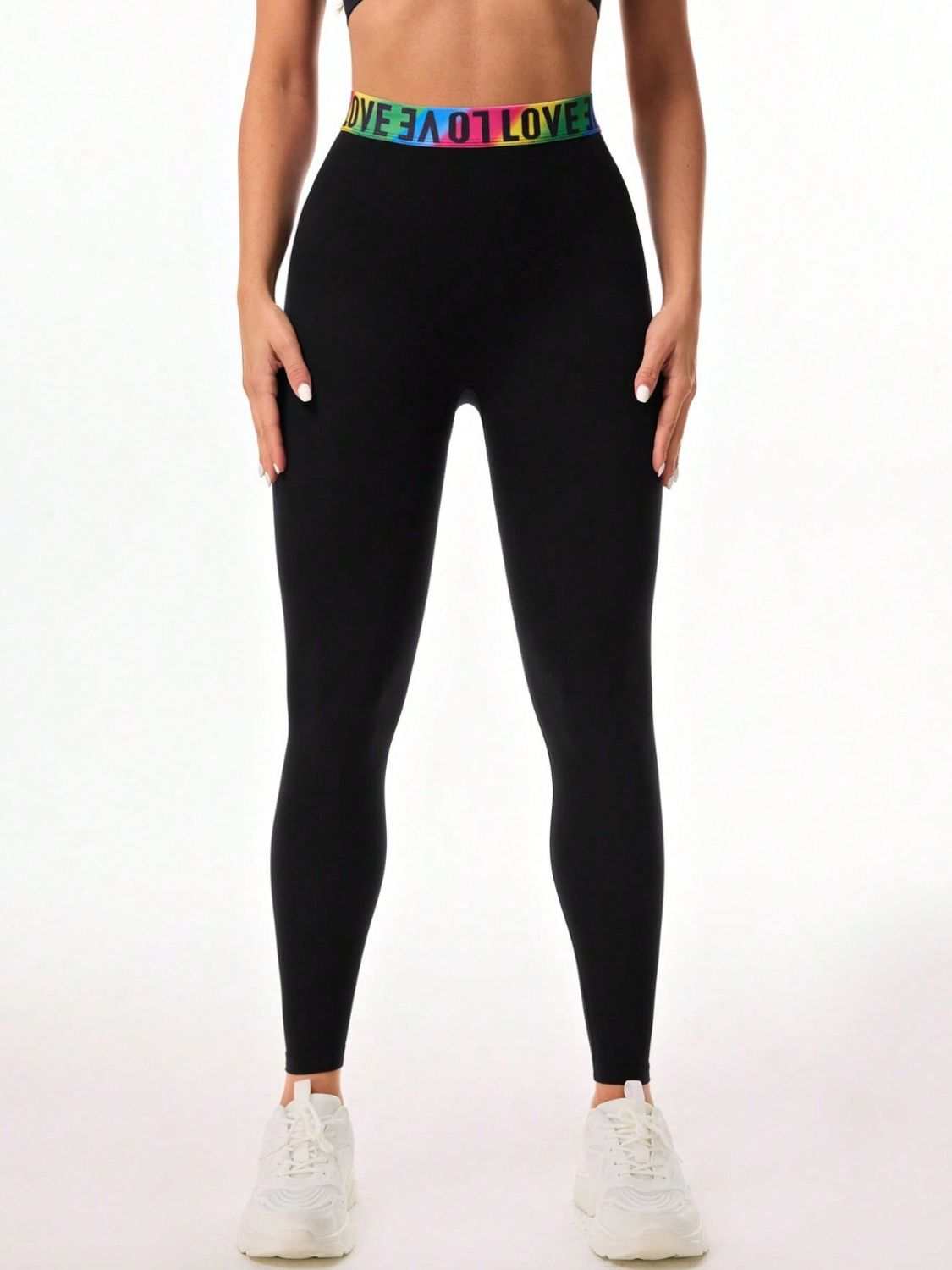 Front view of Letter Printed High Waist Active Leggings