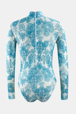 Blue and white patterned swimsuit on a white background