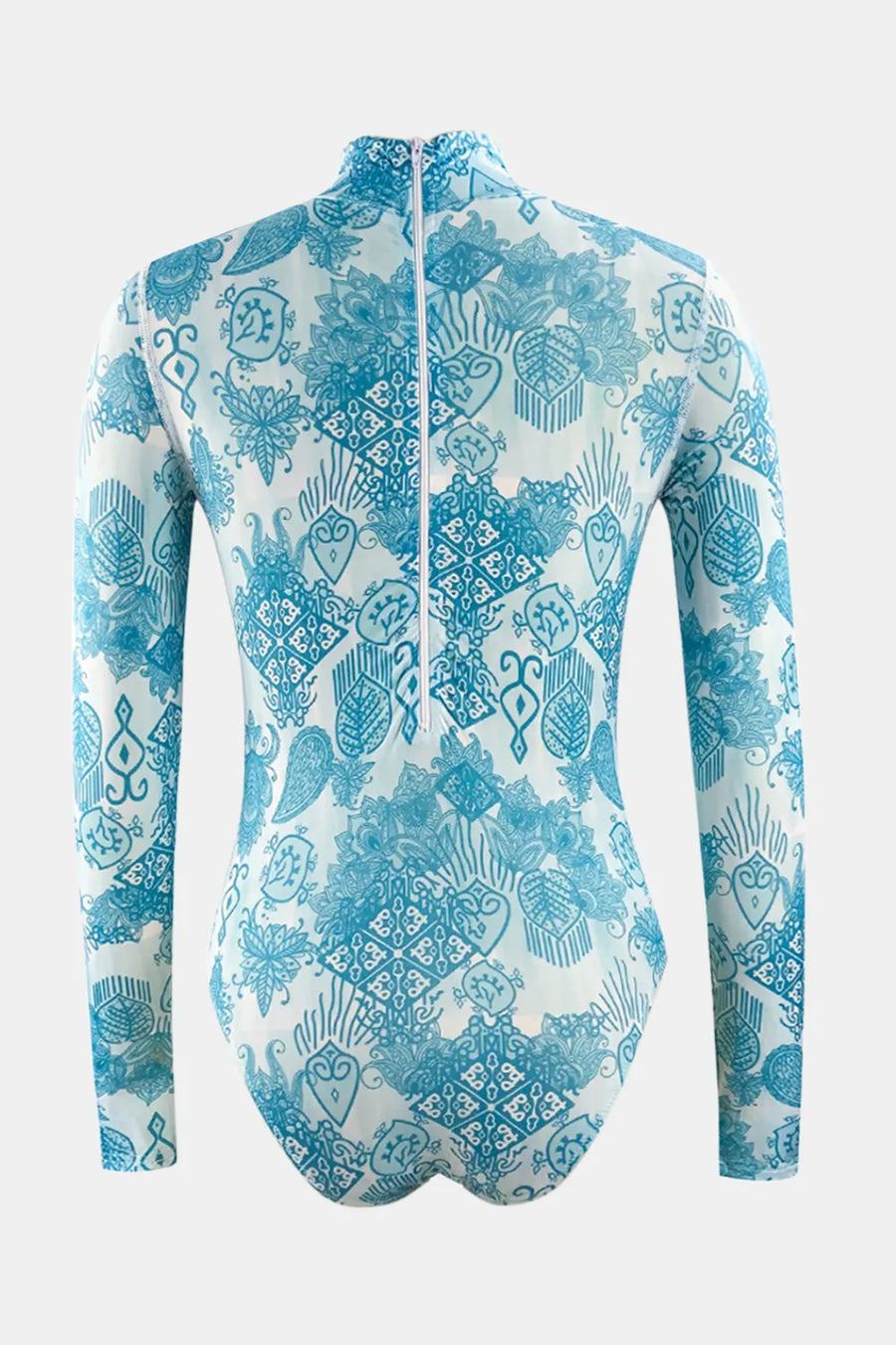Blue and white patterned swimsuit on a white background