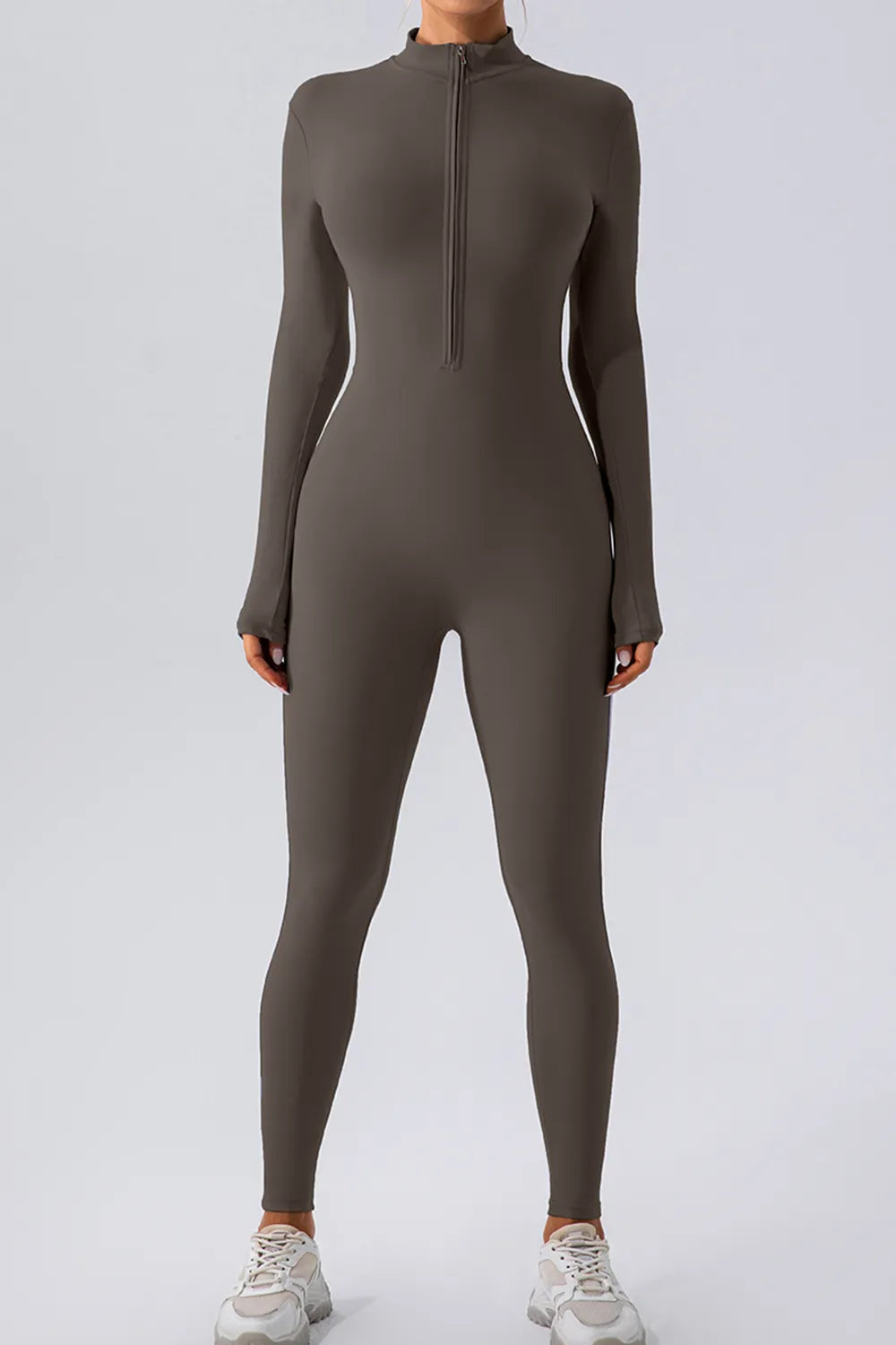 Brown full-body suit with a zipper on a light gray background