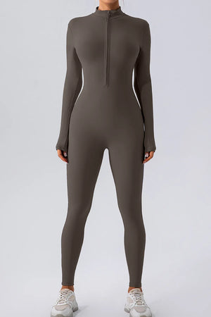 Brown full-body suit with a zipper on a light gray background