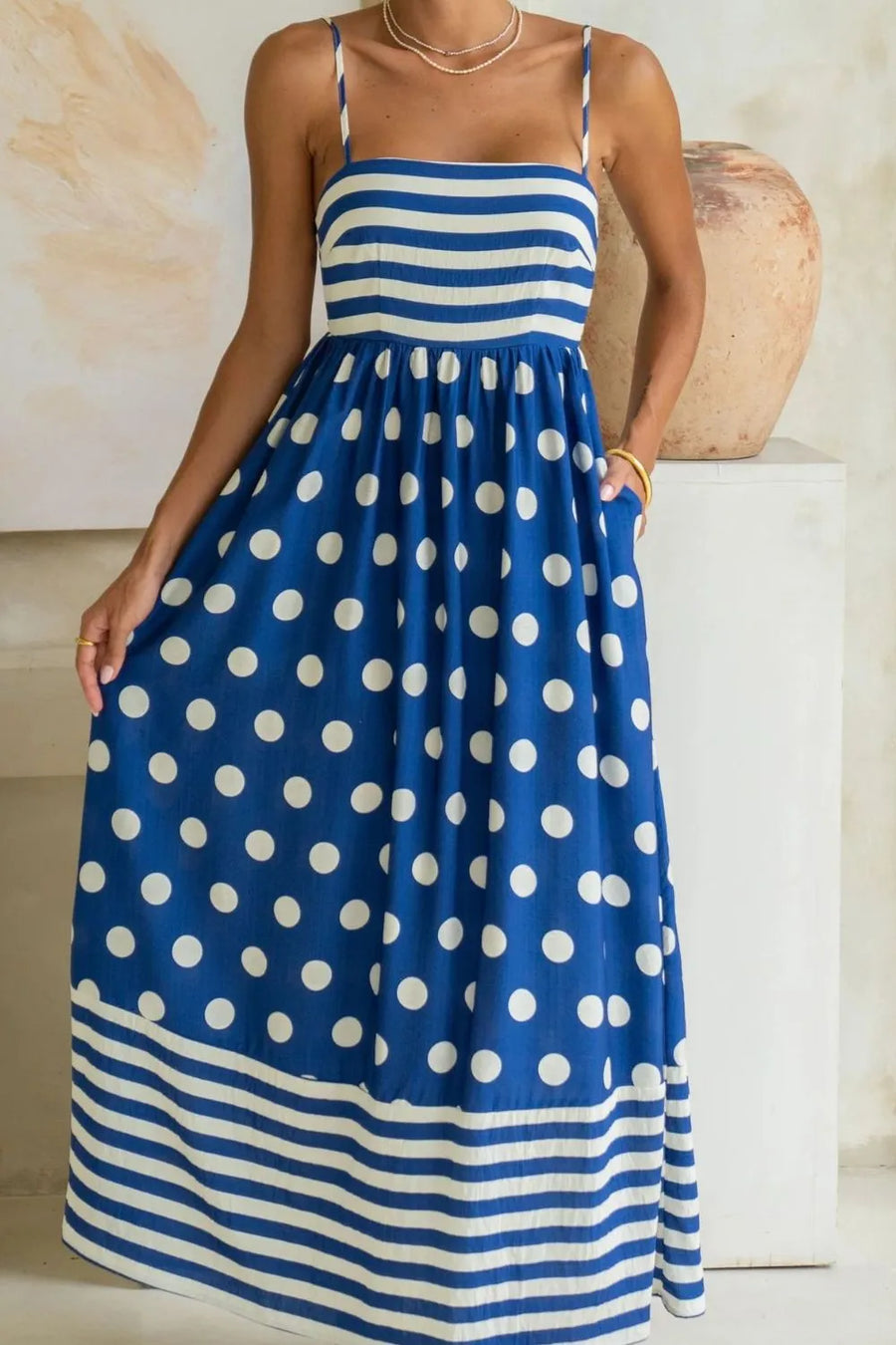 Blue Polka Dot Square Neck Cami Dress