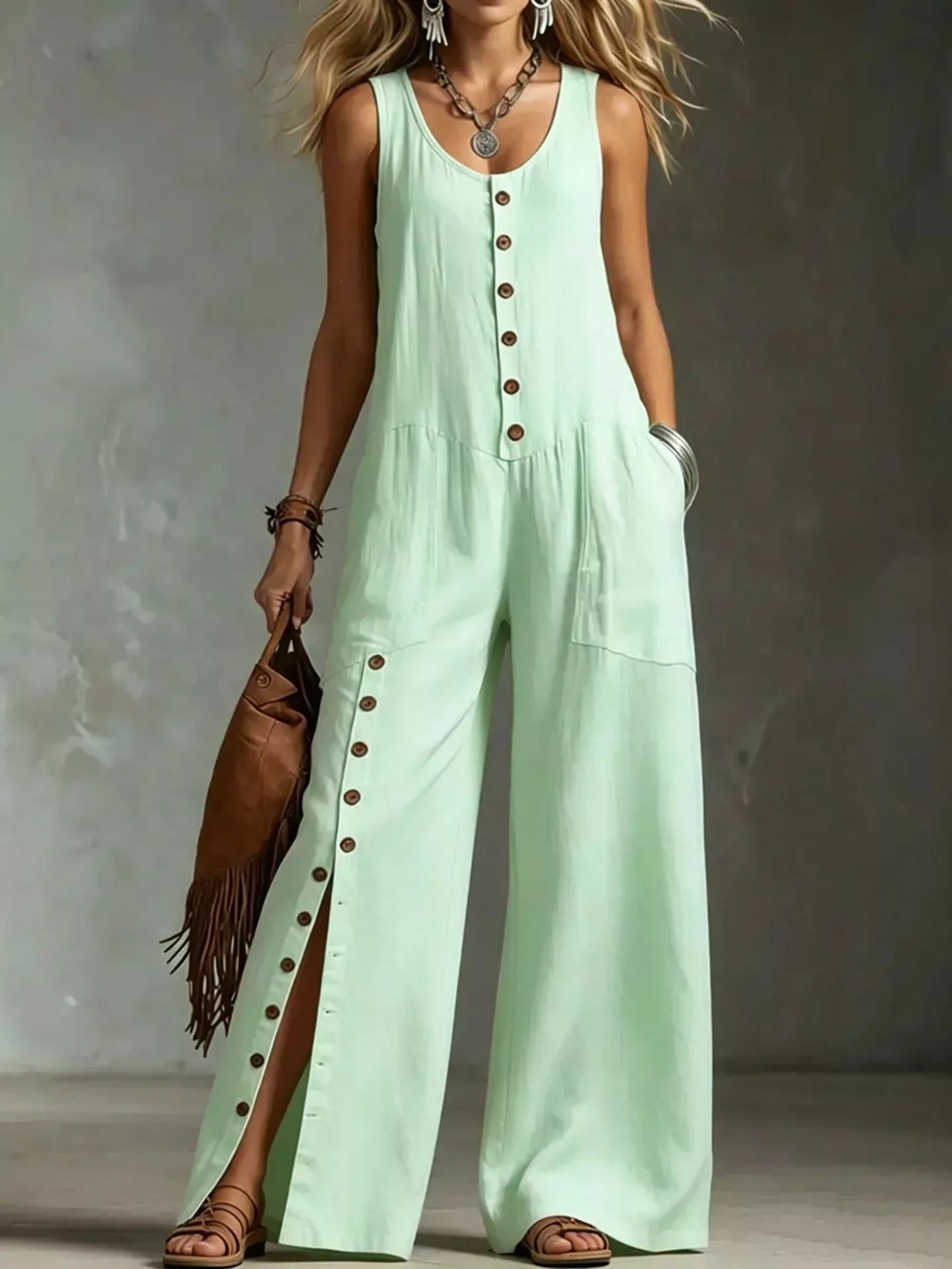 Woman wearing a light green jumpsuit with button details against a neutral background