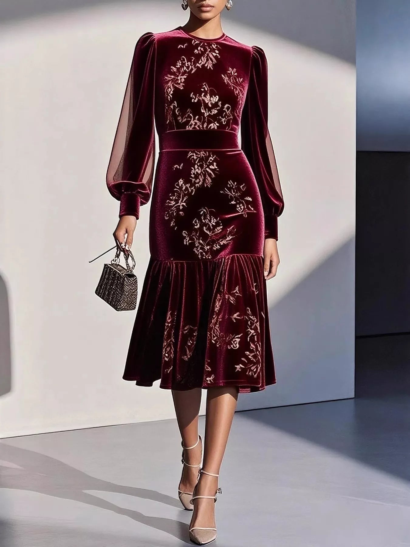 Woman wearing a burgundy velvet dress with floral embroidery against a neutral background