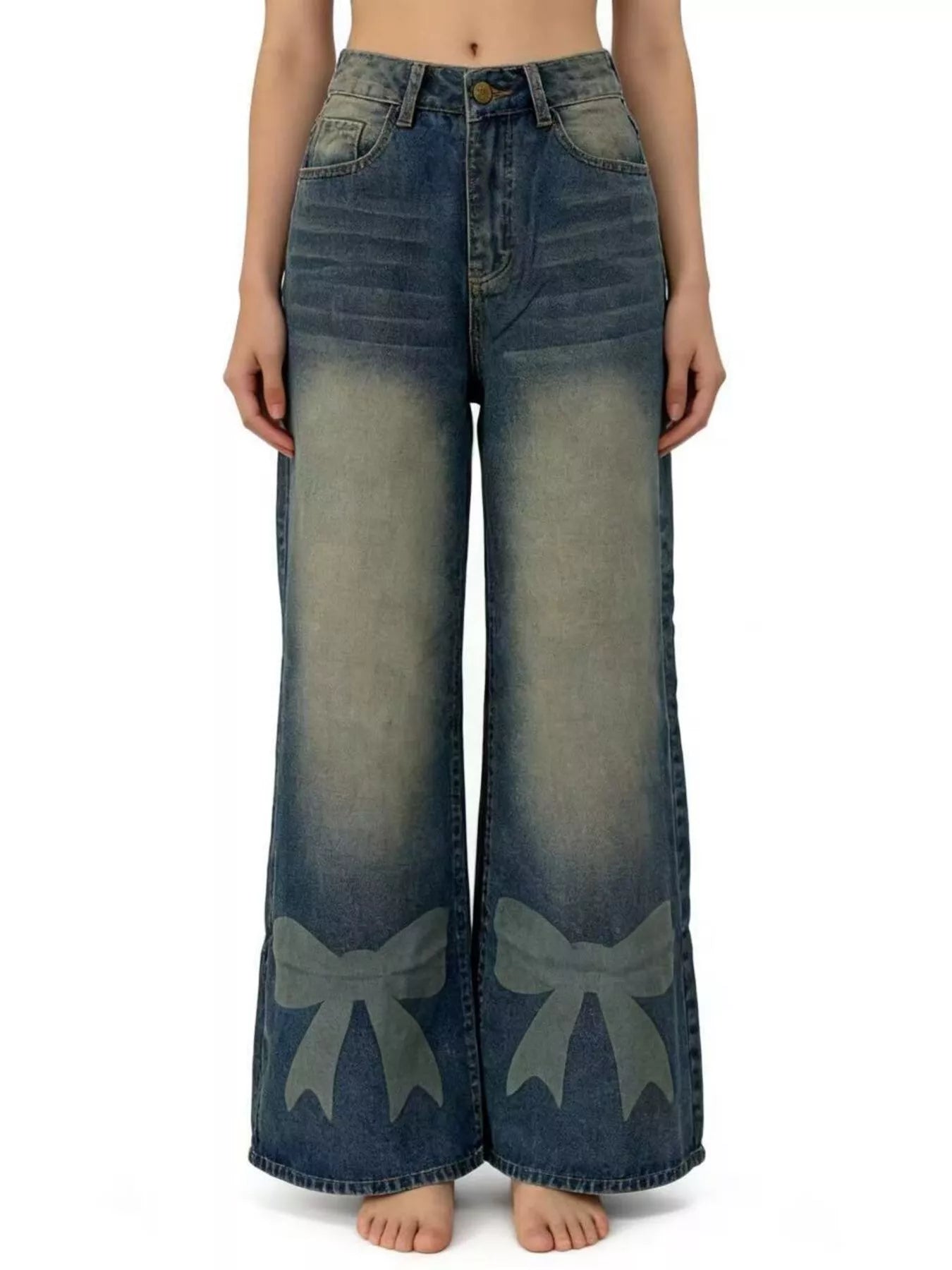 Wide-leg jeans with bow designs on a white background