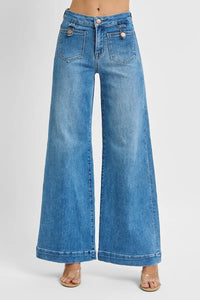 Blue wide-leg jeans on a white background