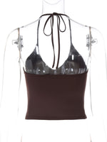 Black halter top with brown waistband on a mannequin against a white background