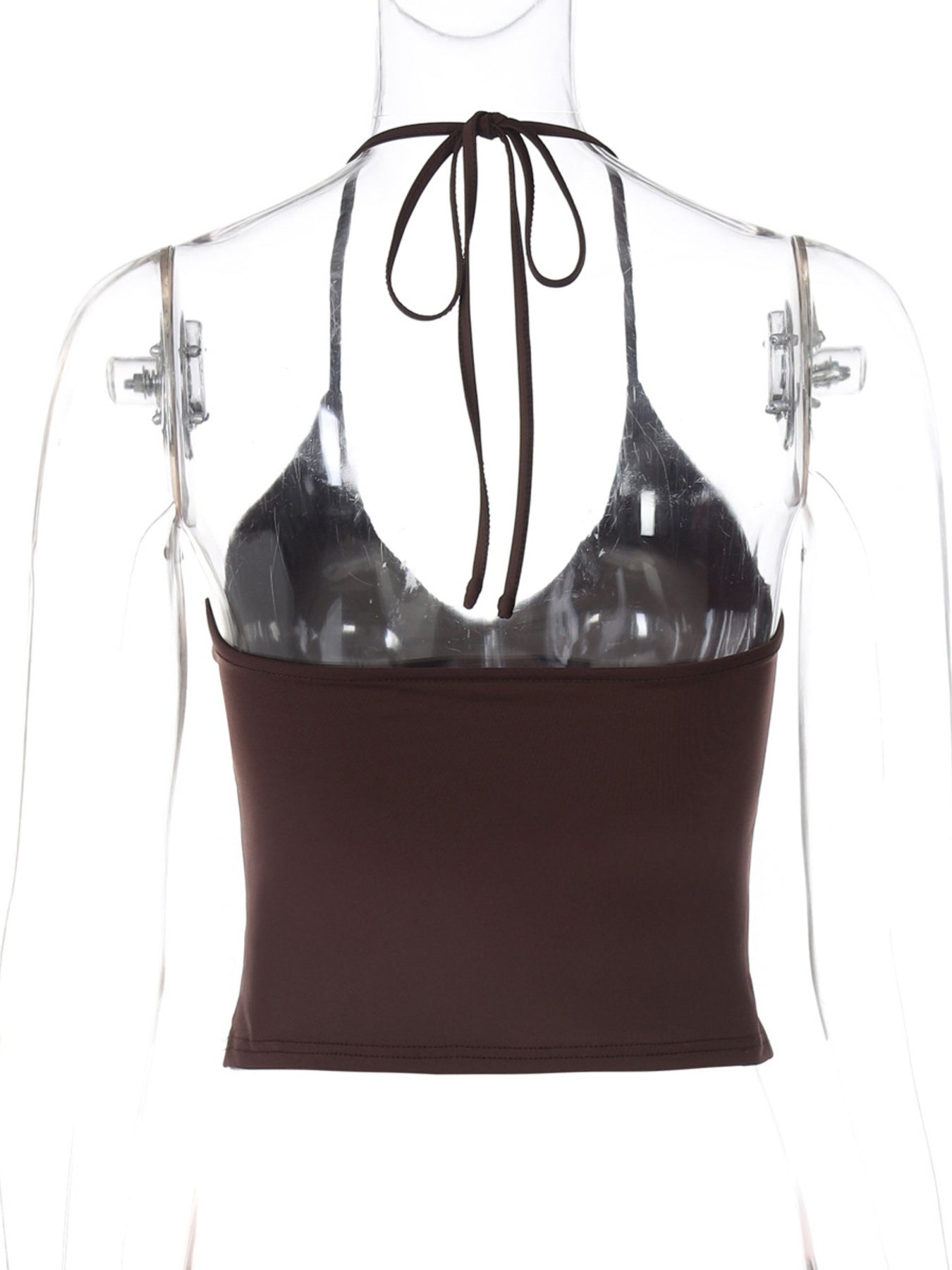 Black halter top with brown waistband on a mannequin against a white background
