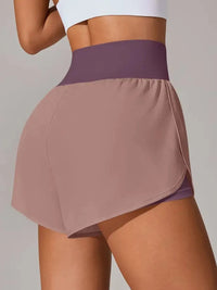 Two-tone skirt with purple waistband and beige skirt on a neutral background