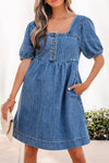Button-Front Puff Sleeve Denim Dress For Women