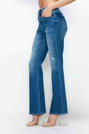 Model showing left front pocket on bytos Full Size High Rise Bootcut Jeans with Pockets