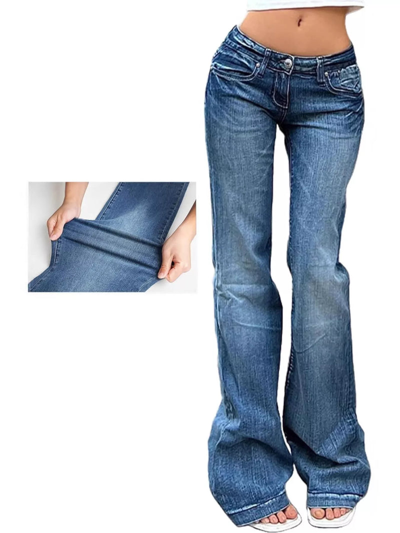 Blue jeans with a close-up inset showing the fabric texture on a white background