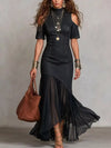 Womens Mock Neck Cold Shoulder Ruffle Hem Maxi Dress
