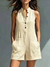 Womens Full Size Sleeveless Button-Front Romper with Pockets Plus Size