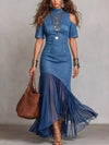Womens Mock Neck Cold Shoulder Ruffle Hem Maxi Dress