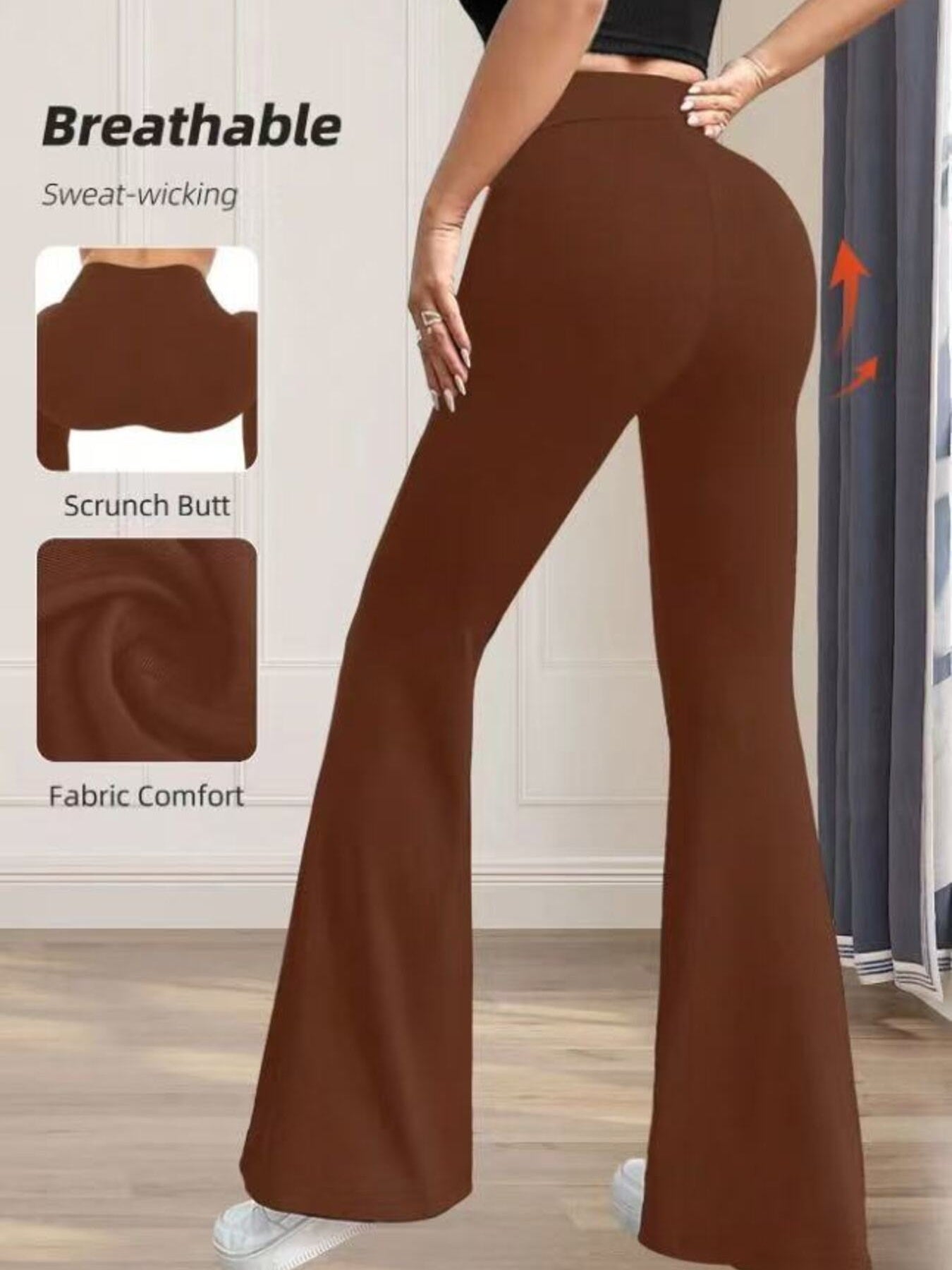 Brown flared pants worn by a person with text highlighting features on the left.