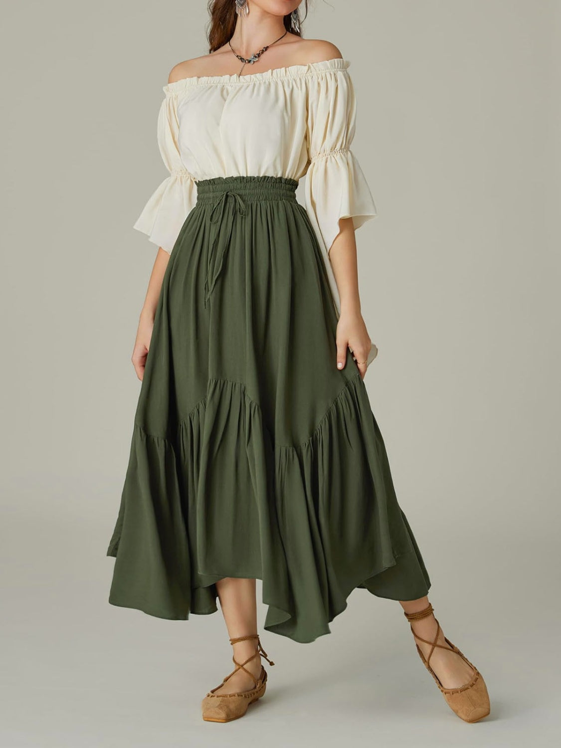 Green Smocked Waist Band Ruched Layered Skirt
