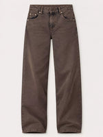 A pair of dark brown washed denim jeans shown flat against a light gray background.