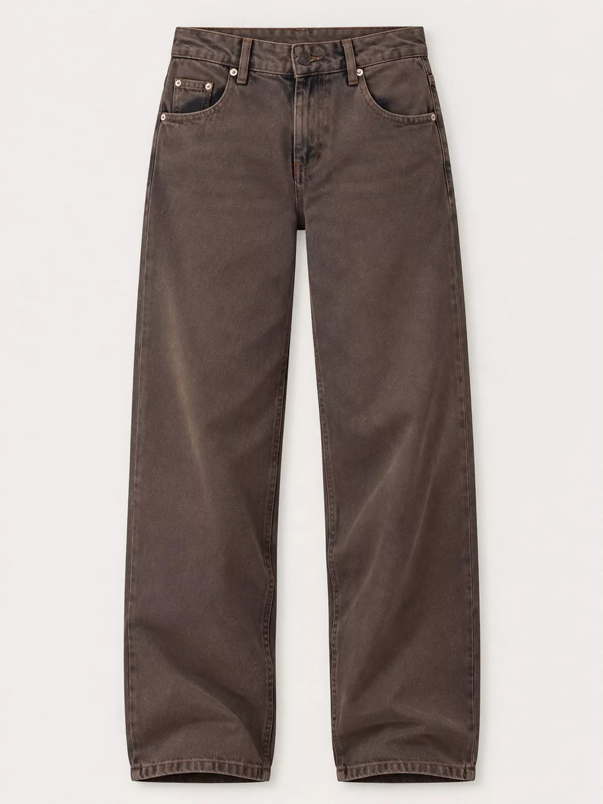 A pair of dark brown washed denim jeans shown flat against a light gray background.