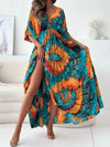 Printed V-Neck Balloon Sleeve Slit Maxi Dress