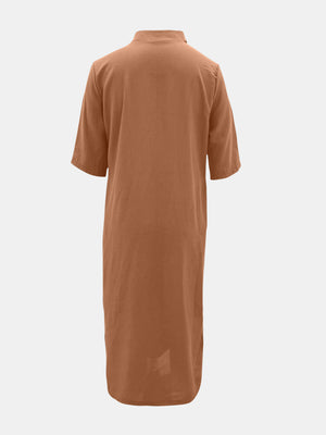 Back view of beige Full Size Notched Half Sleeve Midi Dress