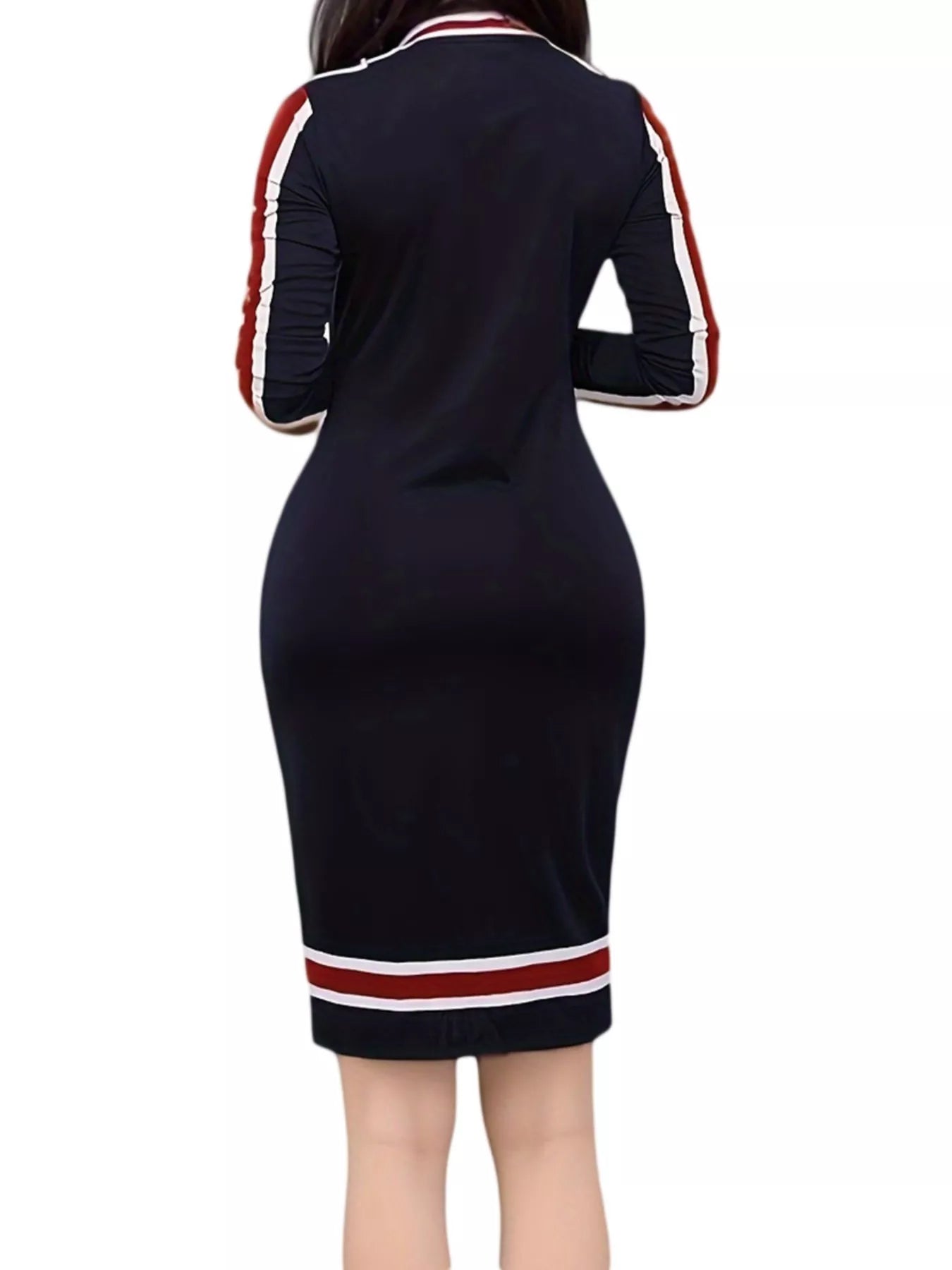 Navy blue dress with red and white stripes on a white background