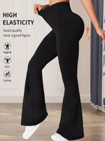Black high-waisted leggings with text on high elasticity and suitability for various activities.